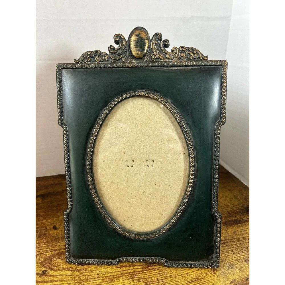 Vintage Ornate Green 5x7 Picture Frame Easel Gold Accent Taiwan Home Decor Photo